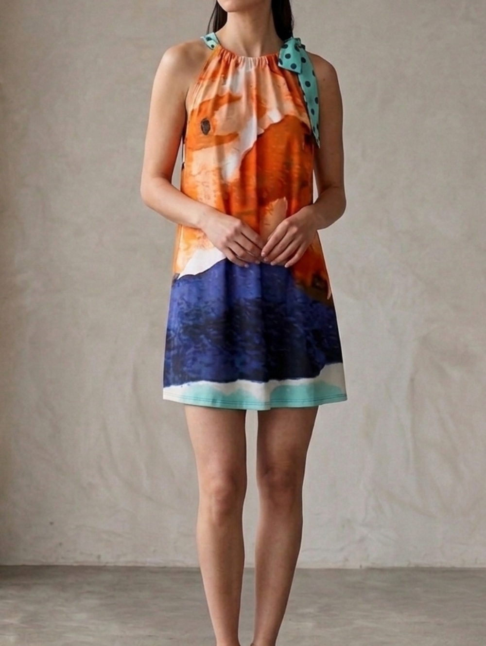 Alfani Halter Mini Dress in Orange, Blue & Mint Polka Dot Large.